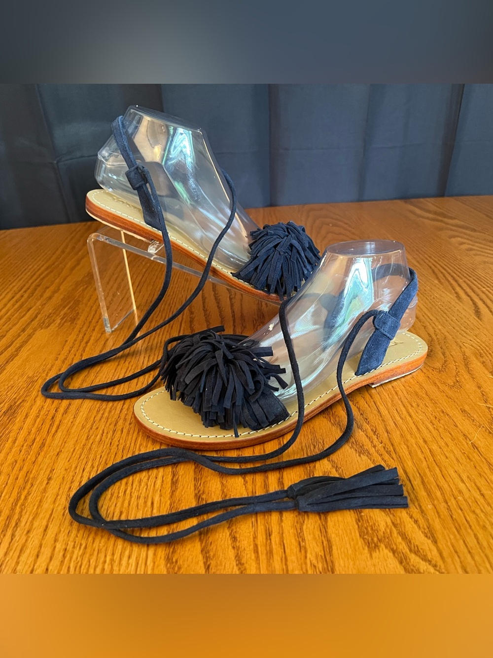 Women's Mystique Navy Suede Pom-Pom Lace-Up Sandals Size 9